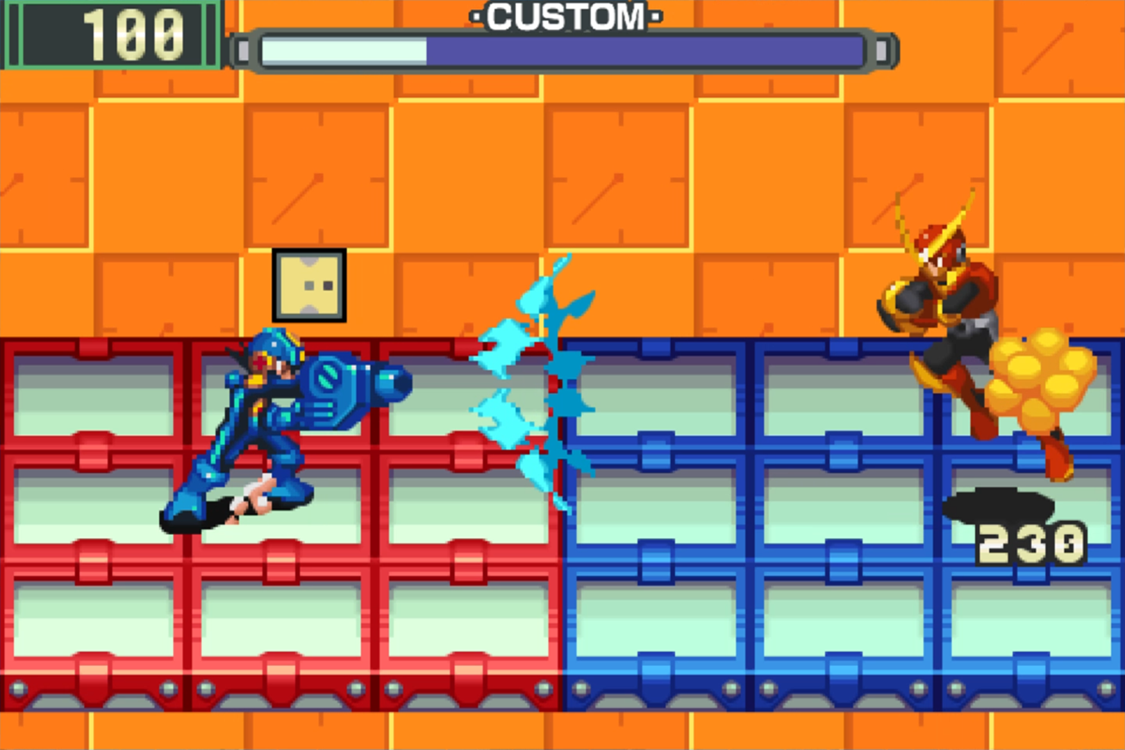 カードバトルの戦略性とアクションの楽しさが融合した“データアクションRPG”。ロックマンは自陣の3×3の赤いマスを上下左右に動く事ができる。敵側は青いマスのエリアを移動して攻撃してくる