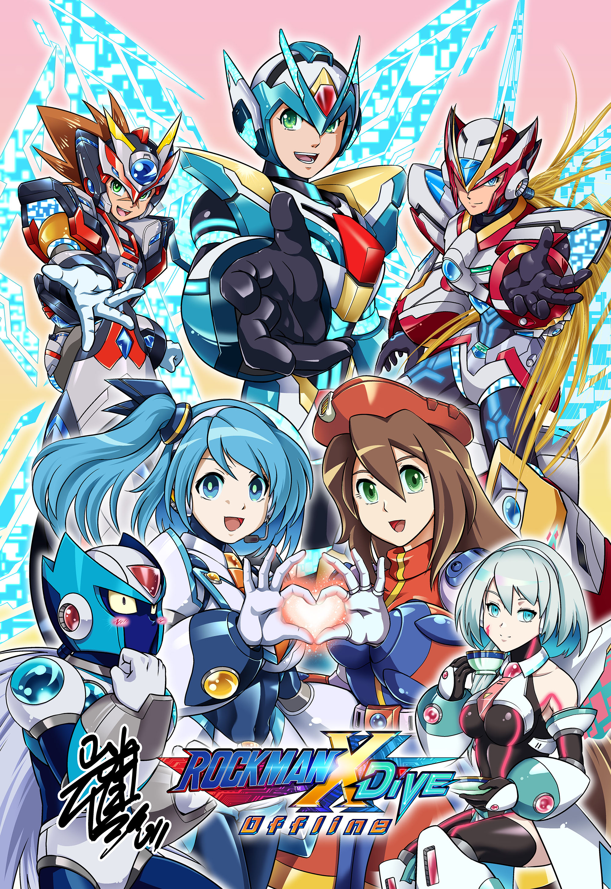 「X DiVE」オリジナルの“ダイヴアーマー”を纏った「ロックマンX」のヒーローたちと本作のヒロインたち。頬を赤らめているのは本作キーキャラターの1人、ヴィアだ