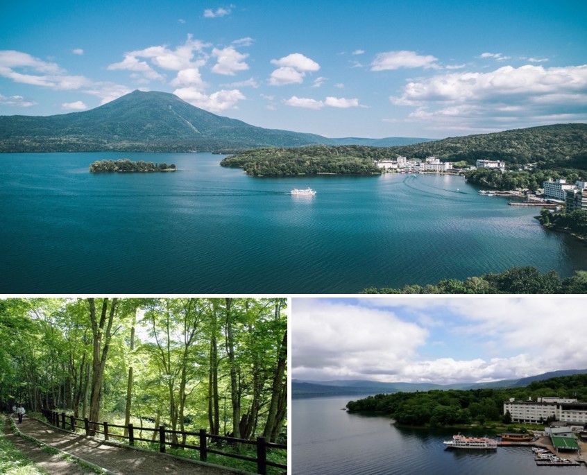 上：阿寒湖全景(写真中央がボッケの森) 下：日中のボッケ遊歩道と森の様子