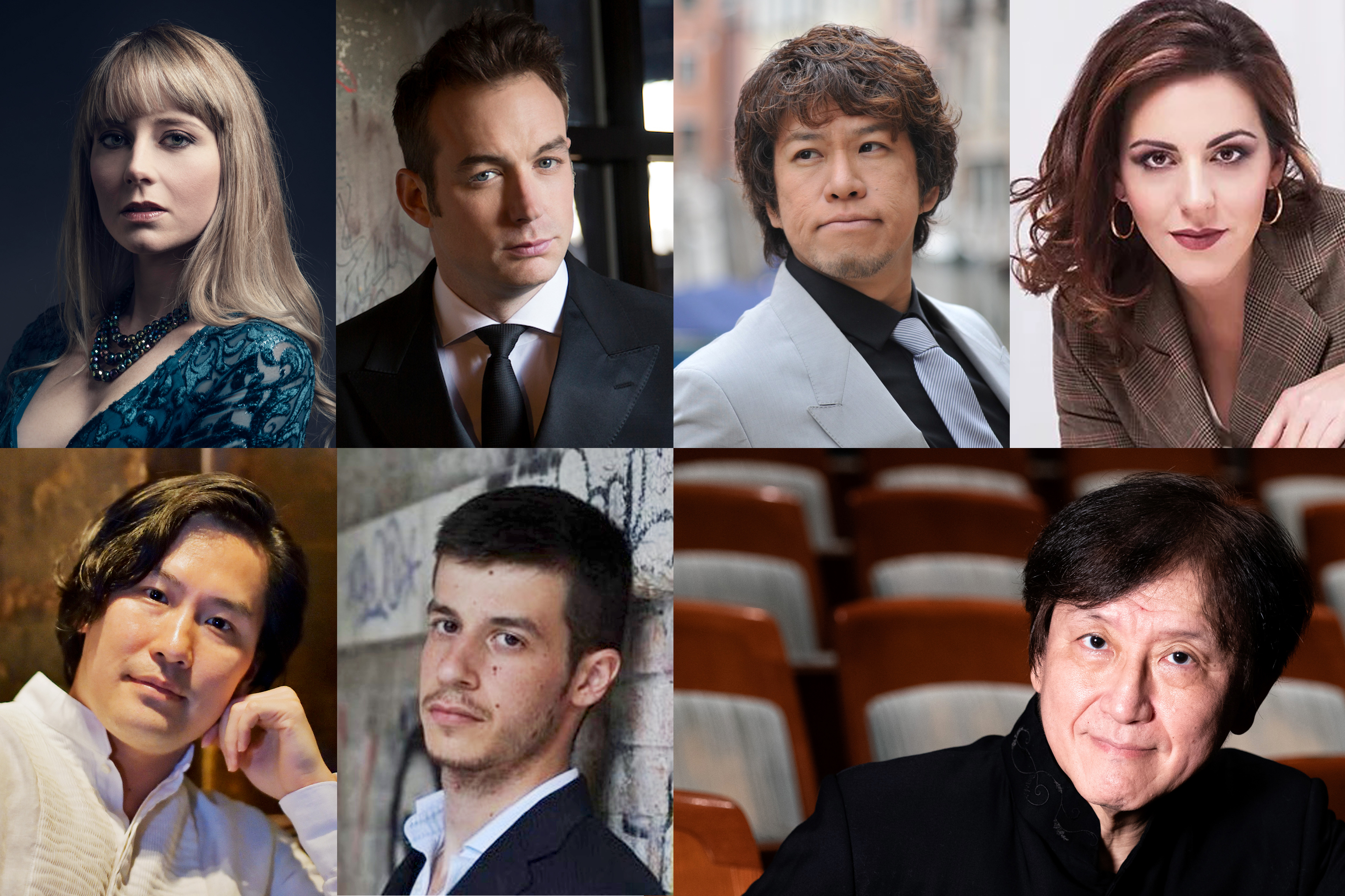 『ラ・ボエーム』出演者　上段ひだりからA.マリアネッリ、S.コステロ、須藤慎吾、V.マストランジェロ、 駒田敏章、F.レオーネ、大野和士