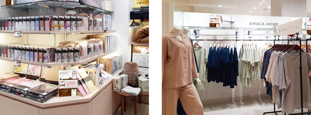 店内の様子（左）まくらカバー（右）AMACA HOME