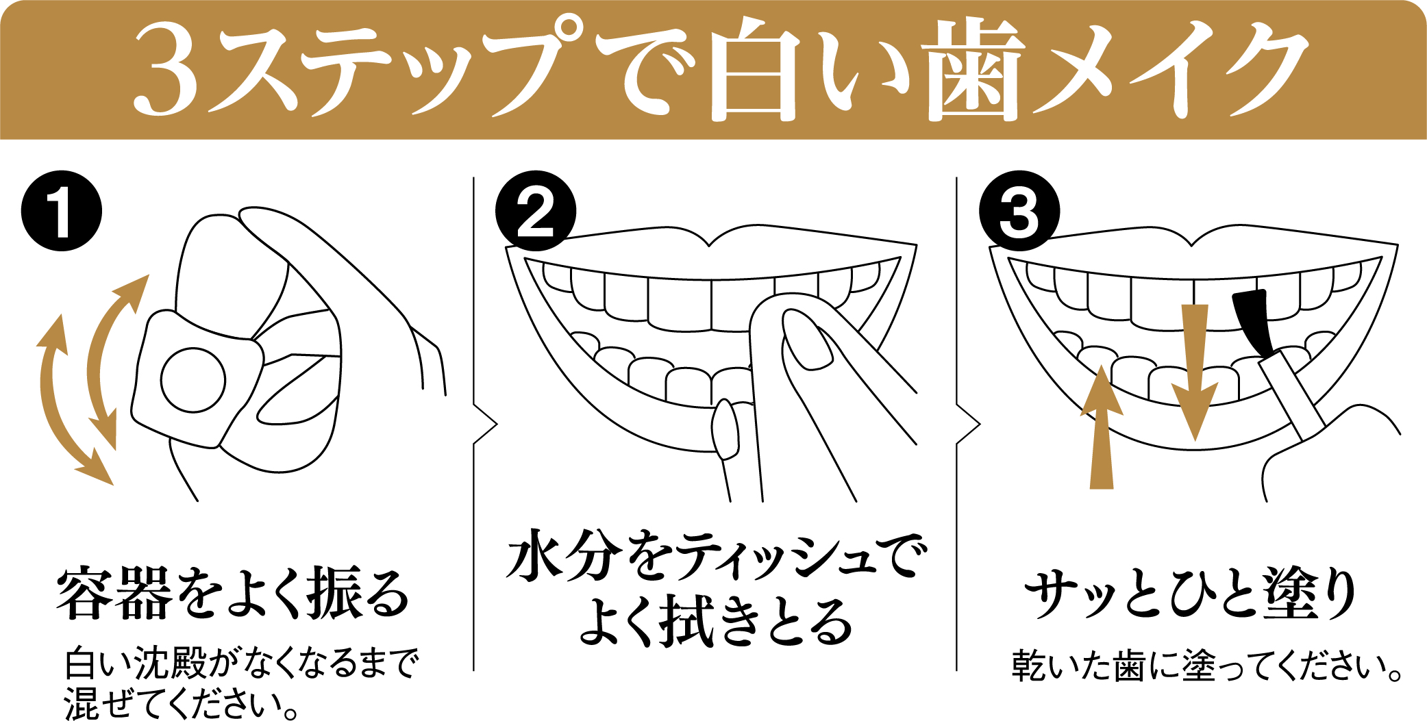 ※1回塗りでも白さと輝きが実現できます。 ※正面から見える前歯の表面に塗布してください。