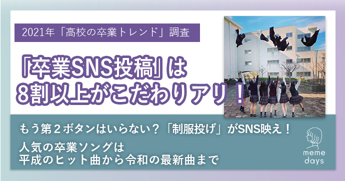 21年 高校の卒業トレンド を調査 もう第２ボタンはいらない 制服投げ がsns映え 8割以上が 卒業sns投稿 に こだわりアリ 人気の卒業 ソングは平成のヒット曲から令和の最新曲まで トレンダーズ株式会社 News トレンダーズ株式会社