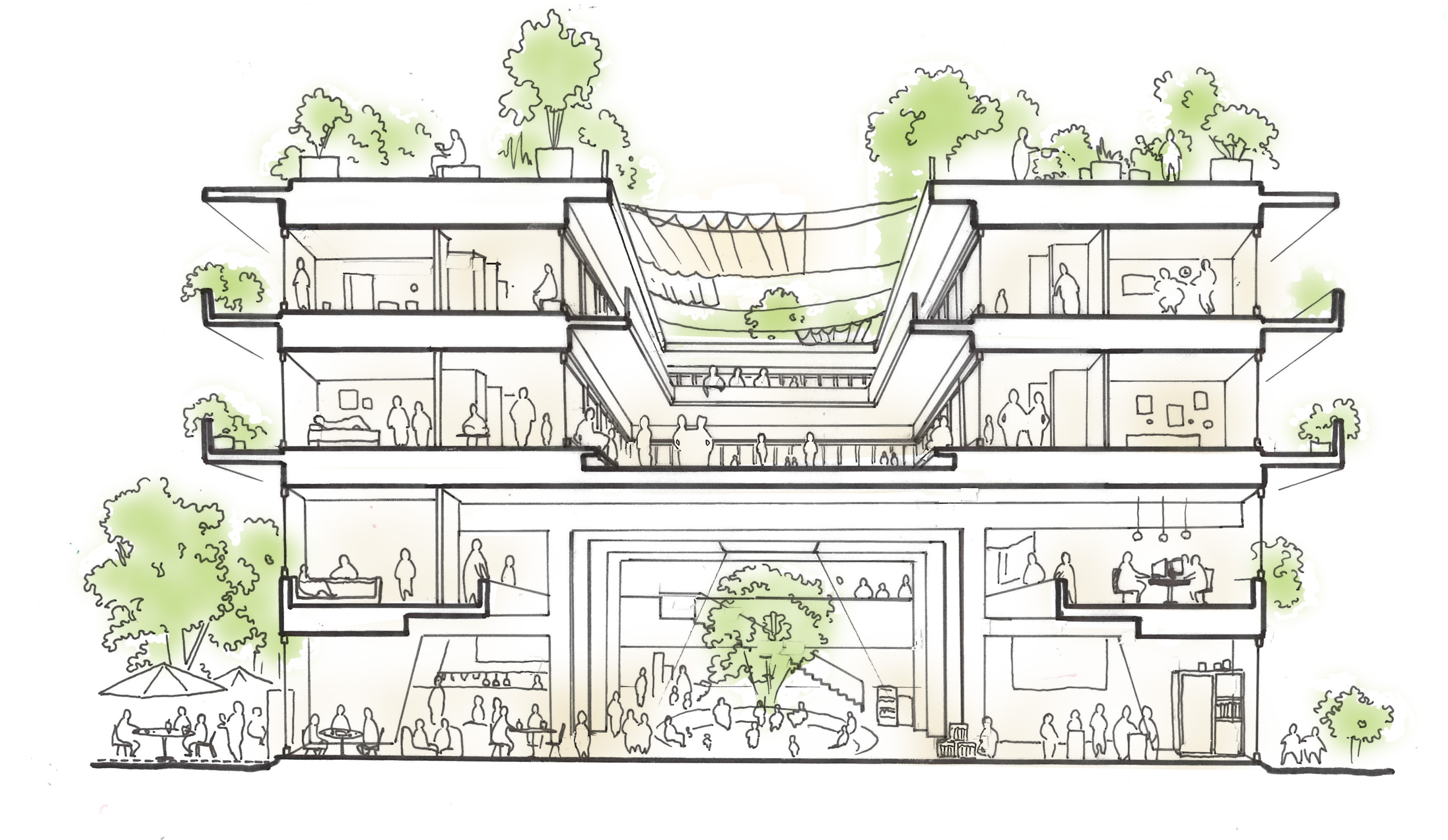 新たに公開された中核施設のデッサン（建物正面）