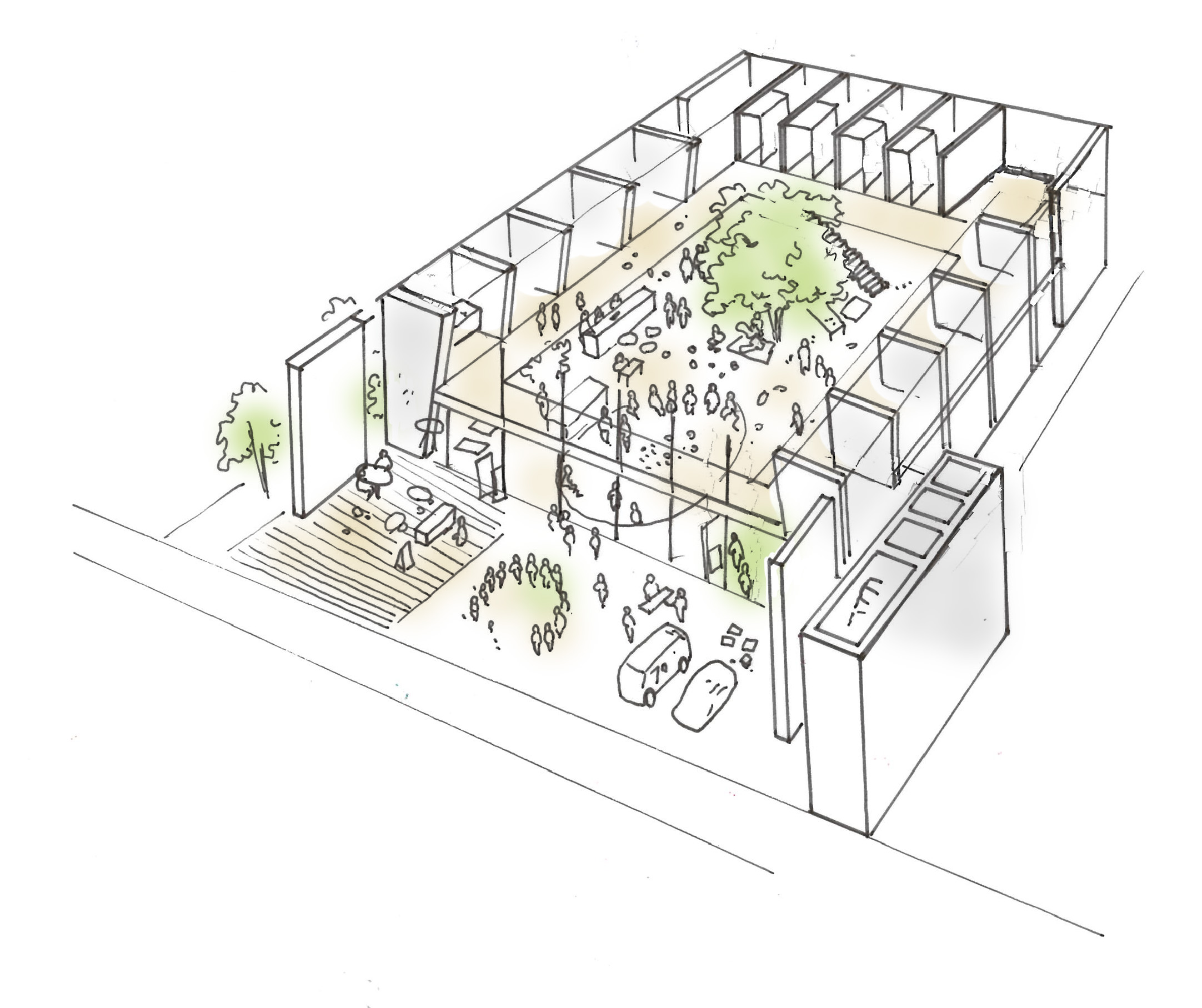 1階のデッサン　区切りのない大ホールです