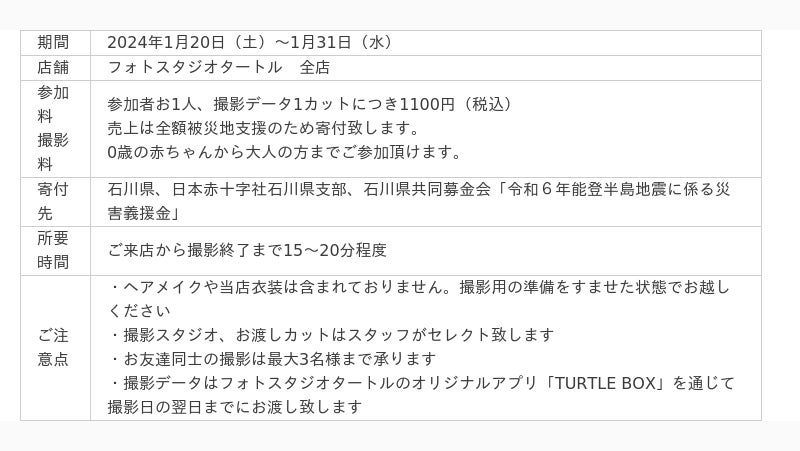 写真スタジオ タートルが売上全額を被災地に寄付するチャリティ撮影会を実施