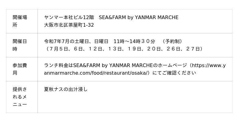 岡山市のナスを使ったメニューがヤンマー本社ビルのレストラン「SEA&FARM by YANMAR MARCHE」で提供されます。 岡山市のナスを使ったメニューがヤンマー本社ビルのレストラン「SEA&FARM by YANMAR MARCHE」で提供されます。