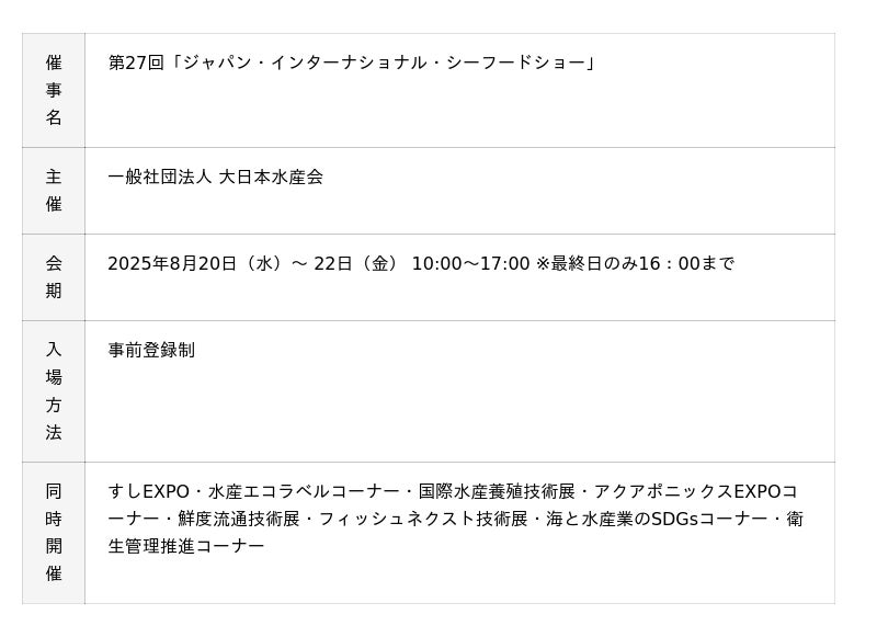 「第27回 ジャパン・インターナショナル・シーフードショー」に出展します 「第27回 ジャパン・インターナショナル・シーフードショー」に出展します