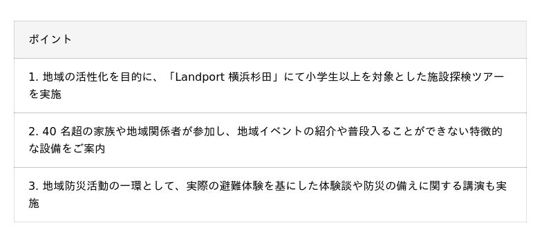 地域の活性化を目的に、横浜シーサイドラインとコラボレーション 12 月13 日に、「Landport 横浜杉田」にて施設探検ツアーを実施 地域の活性化を目的に、横浜シーサイドラインとコラボレーション 12 月13 日に、「Landport 横浜杉田」にて施設探検ツアーを実施