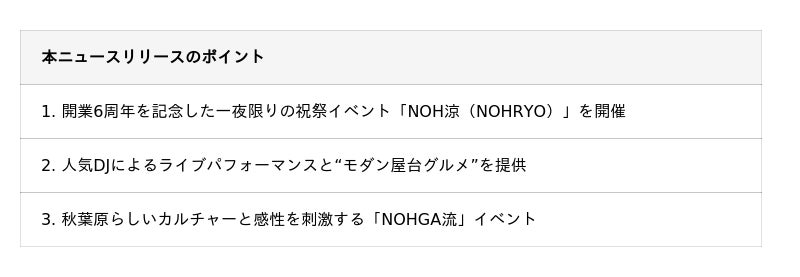 【ノーガホテル 秋葉原 東京】開業6周年を記念し、音楽イベント「NOH涼(NOHRYO)」を9月5日(土)に実施 【ノーガホテル 秋葉原 東京】開業6周年を記念し、音楽イベント「NOH涼(NOHRYO)」を9月5日(土)に実施