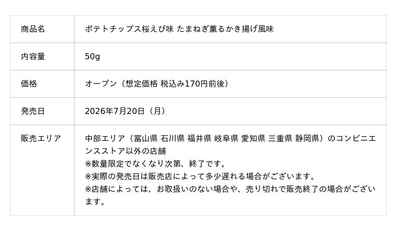 中部エリア限定で静岡の味を再現!駿河湾産桜えびの香ばしさとたまねぎの甘みを楽しむ『ポテトチップス 桜えび味 たまねぎ薫るかき揚げ風味 ...