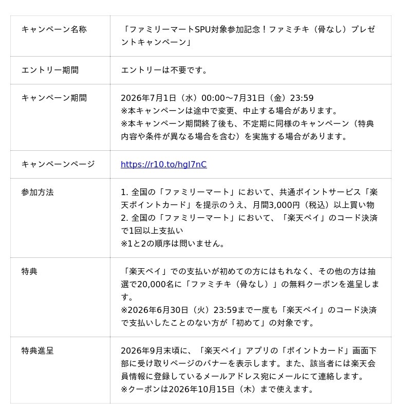 ファミリーマートが「楽天市場」の「SPU」対象サービスに参加記念「SPU」の条件達成と「楽天ペイ」での支払いで「ファミチキ」がもらえる ...