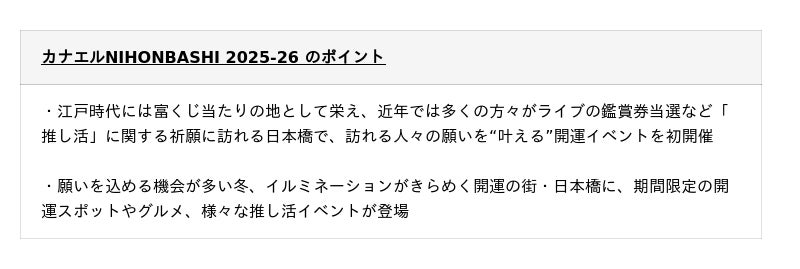 きらめく開運の街・日本橋で、願いを“叶える”新たなイベントが誕生! カナエルNIHONBASHI 2025-26 日本橋イルミネーションと同時開催 開運スポット・グルメ・推し活イベントが登場 きらめく開運の街・日本橋で、願いを“叶える”新たなイベントが誕生! カナエルNIHONBASHI 2025-26 日本橋イルミネーションと同時開催 開運スポット・グルメ・推し活イベントが登場