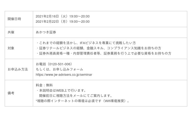 Japan Wealth Advisers February 16th 22nd 19 00 Held Akatsuki Securities Co Sponsored Ifa Online Information Session A New Way Of Working For Securities Sales Staff What Is Ifa Japan News