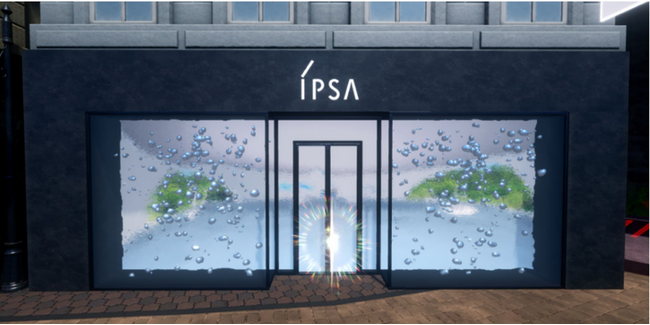 IPSA Play Lab.外観 →シンプル・ミニマルな外観。実店舗にはない酸素と水をイメージした 泡のインスタレーションを演出