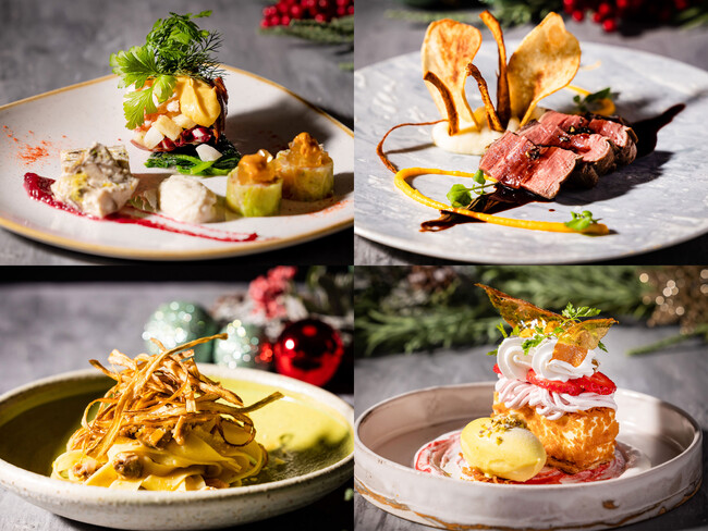 写真左上：オマール海老のサラダなど3種の前菜を盛り合わせたアミューズブーシュ、写真右上：牛フィレ肉のロティ、写真左下：鴨のラグーと冬野菜のタリアテッレ、写真右下：マスカルポーネ チーズクリームと苺のミルフィーユ