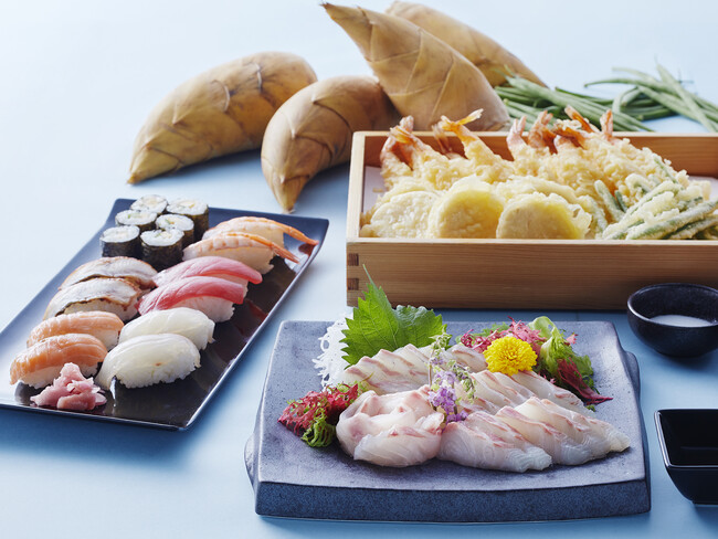 あっさりとした甘みが特徴の春の鯛。たけのこの天ぷらなど、和食も揃う。