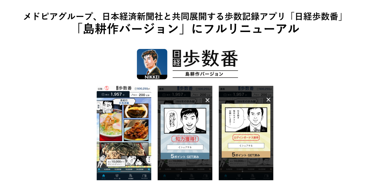 メドピアグループ、日本経済新聞社と共同展開する歩数記録アプリ「日経歩数番」、「島耕作バージョン」にフルリニューアル