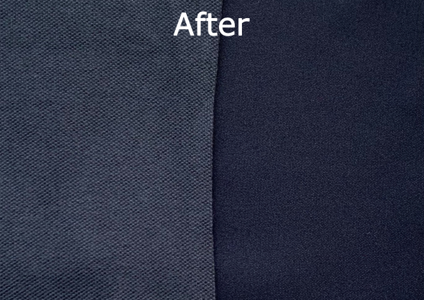 【一般の家庭洗濯100回相当】 左：一般的な綿100％のポロシャツ 右：今回の原着糸ポロシャツ