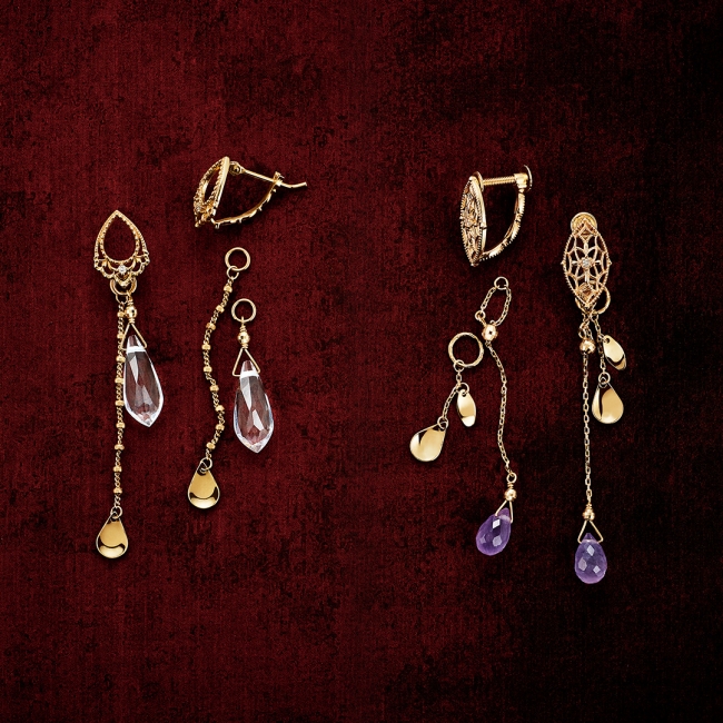 from left pierced earrings 35,000yen K10, diamond and quartz earrings 38,000yen K10, gold filled metal, diamond and amethyst