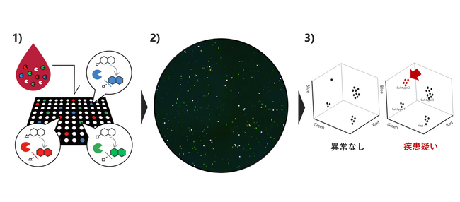 １分子計測リキッドバイオプシー技術 １）酵素に代謝されると光る複数色の化合物と希釈血液を、微小な穴が多数並んだマイクロデバイスへ入れる、２）確率論的に血中の酵素1分子が単離されたデバイスを蛍光顕微鏡で撮影する、３）蛍光画像データを解析・比較する