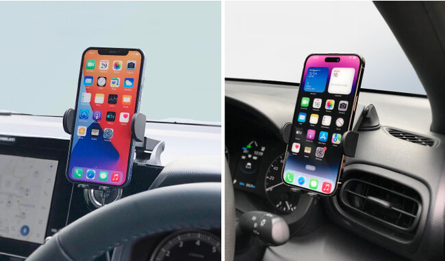 左）ヴォクシー・運転席左側ダッシュボード・iPhone12　右）ヤリスクロス・運転席右側ダッシュボード・ローダウン取付・iPhone14 ProMAX