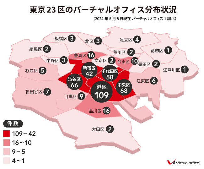 東京23区のバーチャルオフィス分布状況-地図