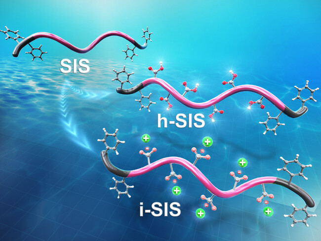 図． SISの分子模式図（左上），水素結合性官能基を導入したSIS（h-SIS）の分子模式図（中段右上），及びイオン性官能基を導入したSIS（i-SIS）の分子模式図（右下）