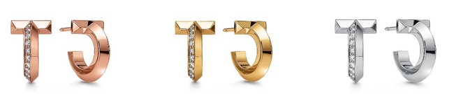 ティファニー T ワン フープ ピアス 左からローズゴールド・ダイヤモンド、イエローゴールド・ダイヤモンド、ホワイトゴールド・ダイヤモンド 各473,000円（税込）