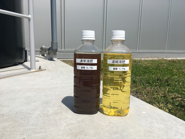 （左）通常液肥（右）濃縮バイオ液肥　　濃縮バイオ液肥は懸濁物質の除去で透明度が増し、 さらに電気透析で肥料成分が濃縮されている