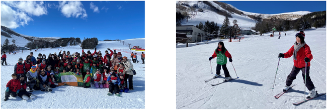 左)集合写真　右)スキー体験の様子