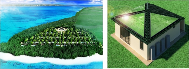 左：沖縄県宮古島市に建設中の大規模リゾート計画地／右：IGパーフェクトエコハウス研究棟の完成イメ－ジ