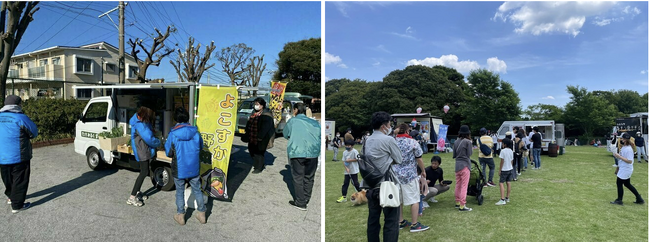 自治体との取り組みの様子（左）とモビマル主催イベント「愛知こどもの国キッチンカーグルメ万博」の様子