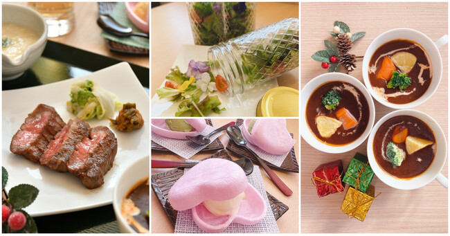 左:厚切り牛たん、中央上:サラダ(エディブルフラワー入り)、 中央下:ときめきモナカアイス、右:タンシチュー 左:厚切り牛たん、中央上:サラダ(エディブルフラワー入り)、 中央下:ときめきモナカアイス、右:タンシチュー