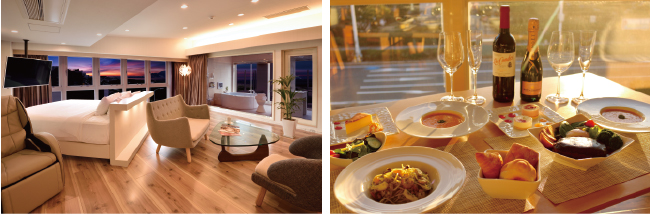 （左）オーシャンプレミアムスイートルーム（右）インルームダイニング