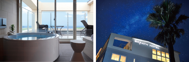 （左）バスルーム（右）外観夜