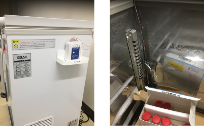 冷凍機に設置されたe-WAVES本体(左)と、温度センサーを挿入した庫内の様子(右)