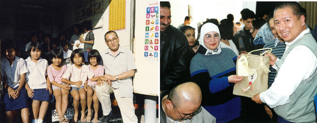 写真左：バンコクのスラム街で移動図書館事業に携わる有馬師。写真右：レバノンの難民キャンプを訪問する茂田。