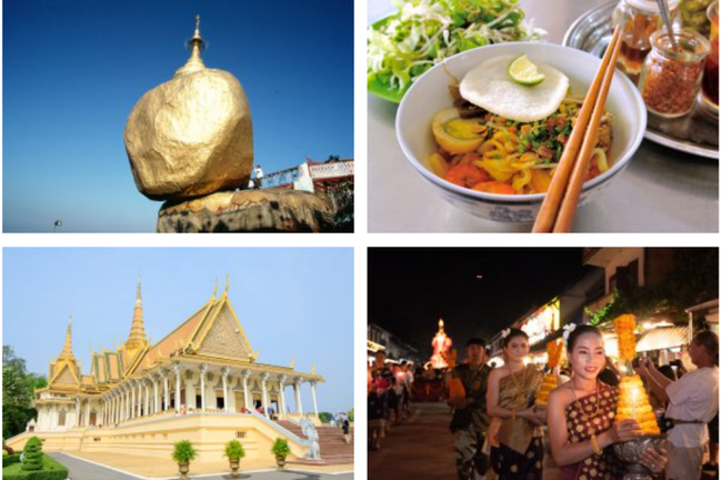 上段：左から、ミャンマー：ゴールデンロック、ベトナム：ダナン名物ミークアン 下段：左から、カンボジア：プノンペンの王宮、ラオス：ライトボートフェスティバル