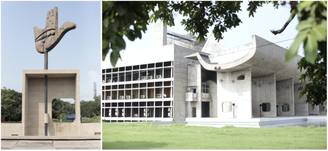 写真左はチャンディーガルの街のシンボル 「オープン・ハンド」。コルビュジエにより設計された。　写真右の議事堂は世界遺産に登録されたコルビュジエ作品の一つ。 