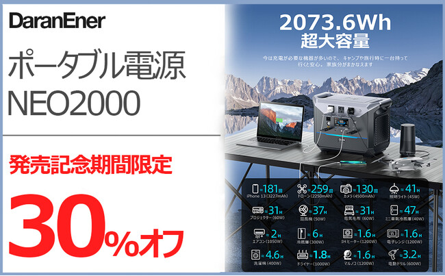 7日間限定30％OFF」DaranEnerが2073.6Whの超大容量＆1.8時間満充電