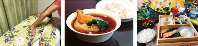 左から全身もみほぐし60分コース、夕食の薬膳スープカレー、朝食一例 左から全身もみほぐし60分コース、夕食の薬膳スープカレー、朝食一例