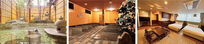 左から薬石露天風呂、薬石岩盤浴、客室一例