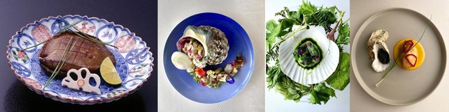 （写真左から）銭屋―アワビ、ジ・ウザテラス ビーチクラブヴィラズー夜行貝、オトワレストランー帆立貝、神戸北野ホテルー牡蛎
