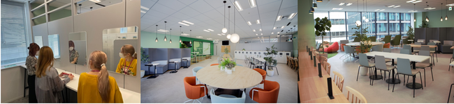 〈ロッカールーム内の身だしなみコーナーや、ひとり席を多く用意した休憩室〉