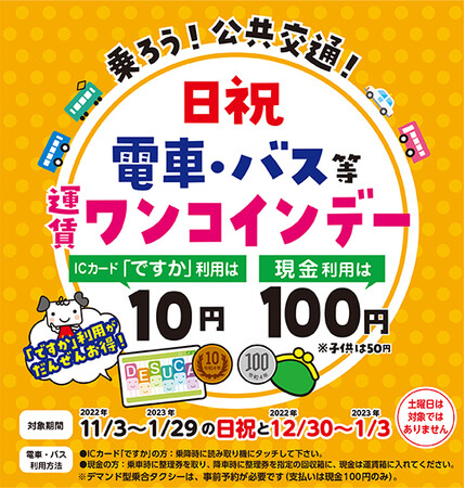 日祝 電車・バス等「運賃ワンコインデー」11月3日スタート！｜プレス