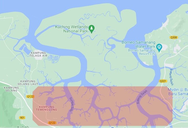 データ収集目的の飛行エリア（マレーシアのサラワク州 クチン・ウェットランド国立公園、約4000ha）地図引用元：Google社「Google マップ」