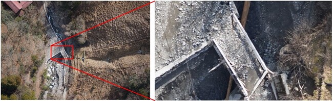 エアロボウイングが飛行中に撮影した陥落した道路の画像（左）と拡大画像（右）