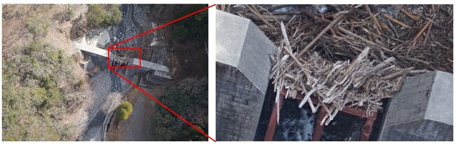 エアロボウイングが飛行中に撮影した砂防堰堤の画像（左）と拡大画像（右）