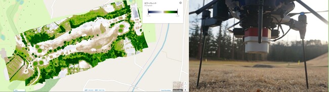 ドローンによる芝育成状況可視化解析結果の画像（左）　ドローンに装着した多周波カメラ（右）